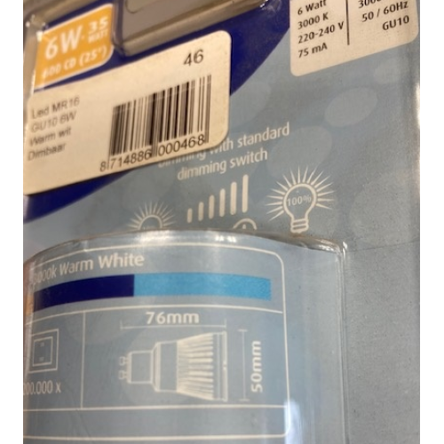 46 LED 6W MR16 GU10 230V WARMWIT DIMBAAR