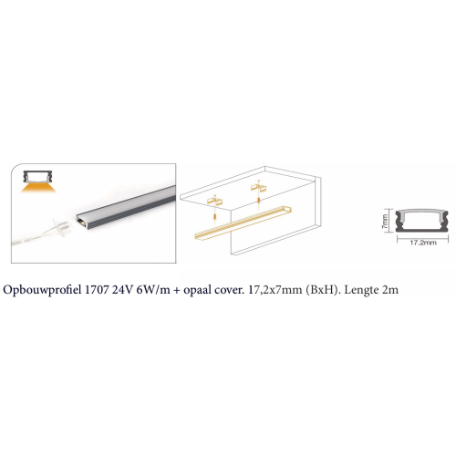 605244 OPBOUW PROFIEL 1707 ZWART 24V 2700K 2MTR OPAAL