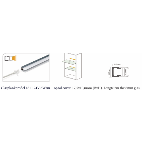 605242 GLASPLANK PROFIEL 1811 ZWART 24V 2700K 2MTR OPAAL